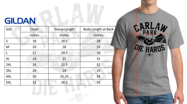 CARLAW PARK DIE HARDS  TSHIRT SIZE CHART-848